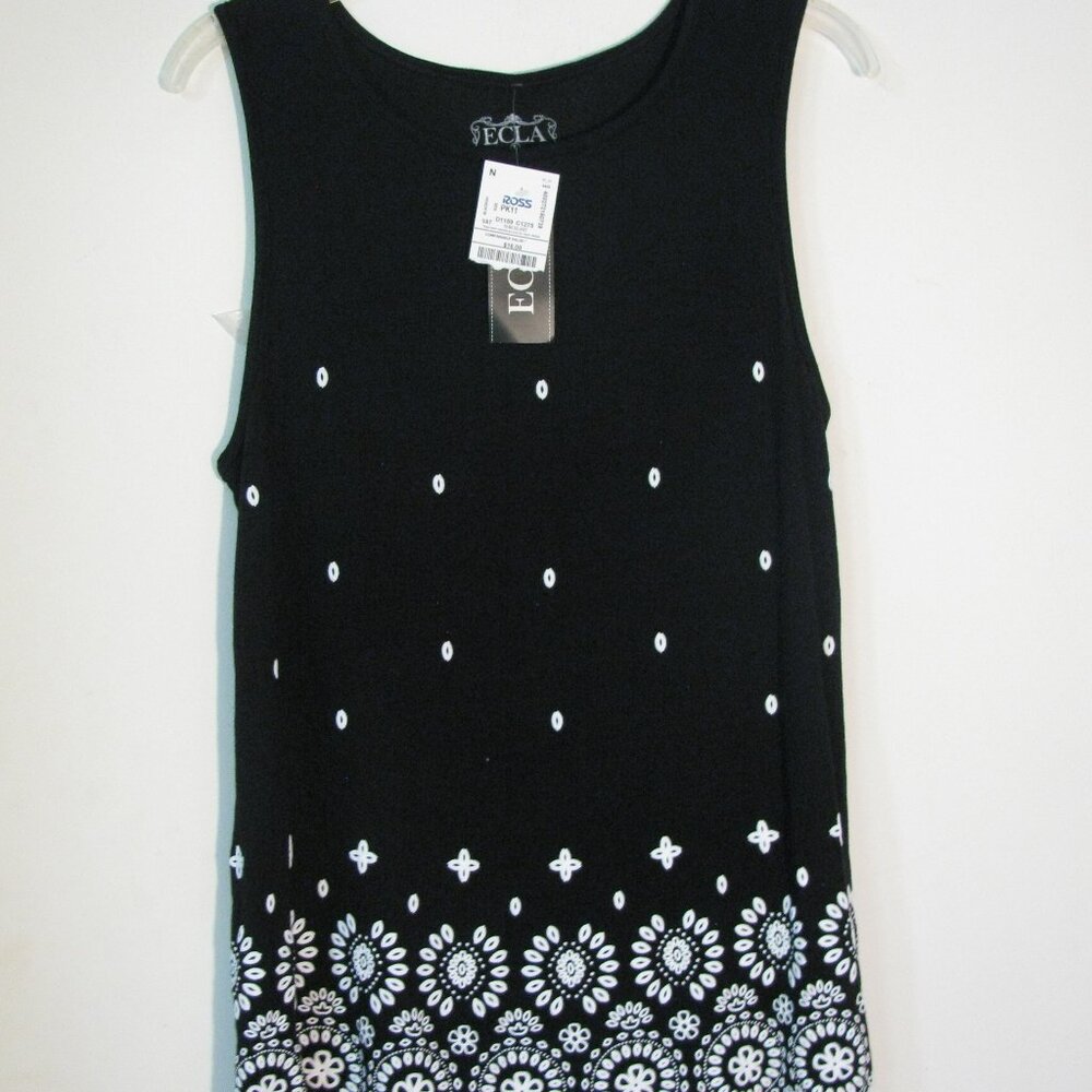 * Ecla Tank Blouse Large NWT Silky Top Black with Floral Accents